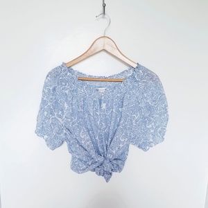 Boho Light Blue & White Paisely Peasent Cotton Top
